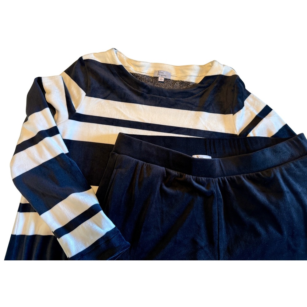 Kim Rogers Velour Pajama Set Black White Striped Size L Soft Lounge Wear